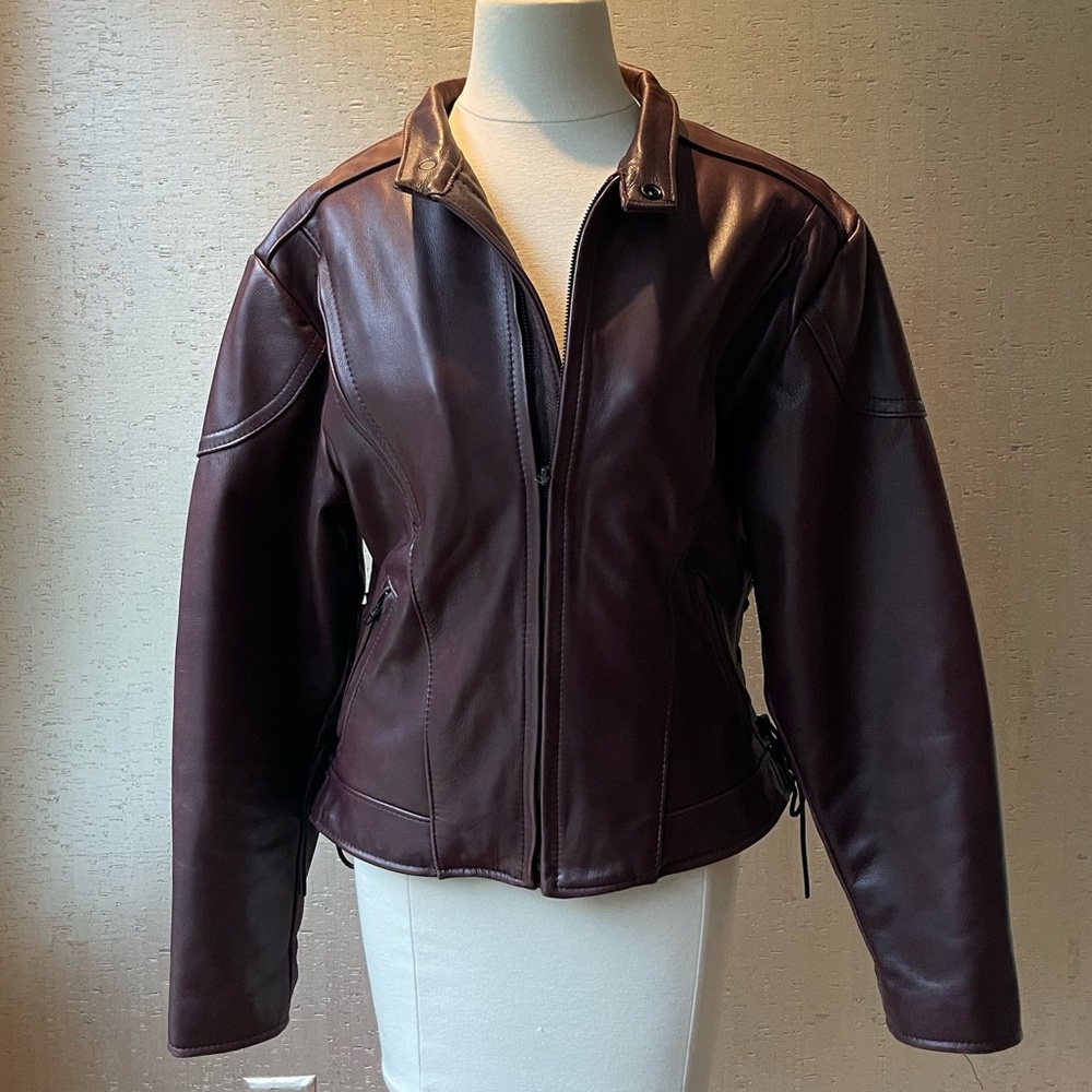 Vintage Leather Maroon Purple Biker Bomber Jacket Lace Up - Picture 3 of 6